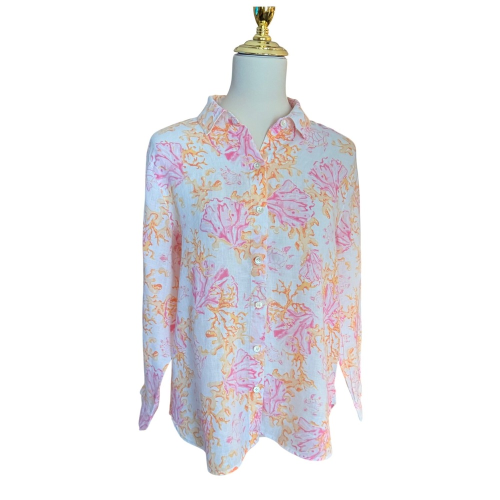 J. Jill Love Linen Pink Orange Shell Coral Print Button Down Shirt‎ Small Petite